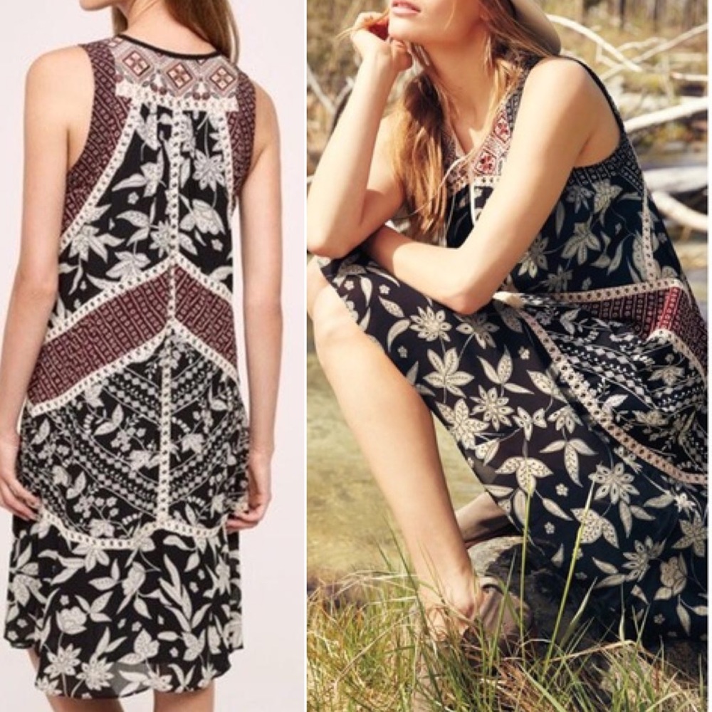 Anthropologie Floreat Grasslands Midi Dress Sleeveless Black Maroon Floral Print